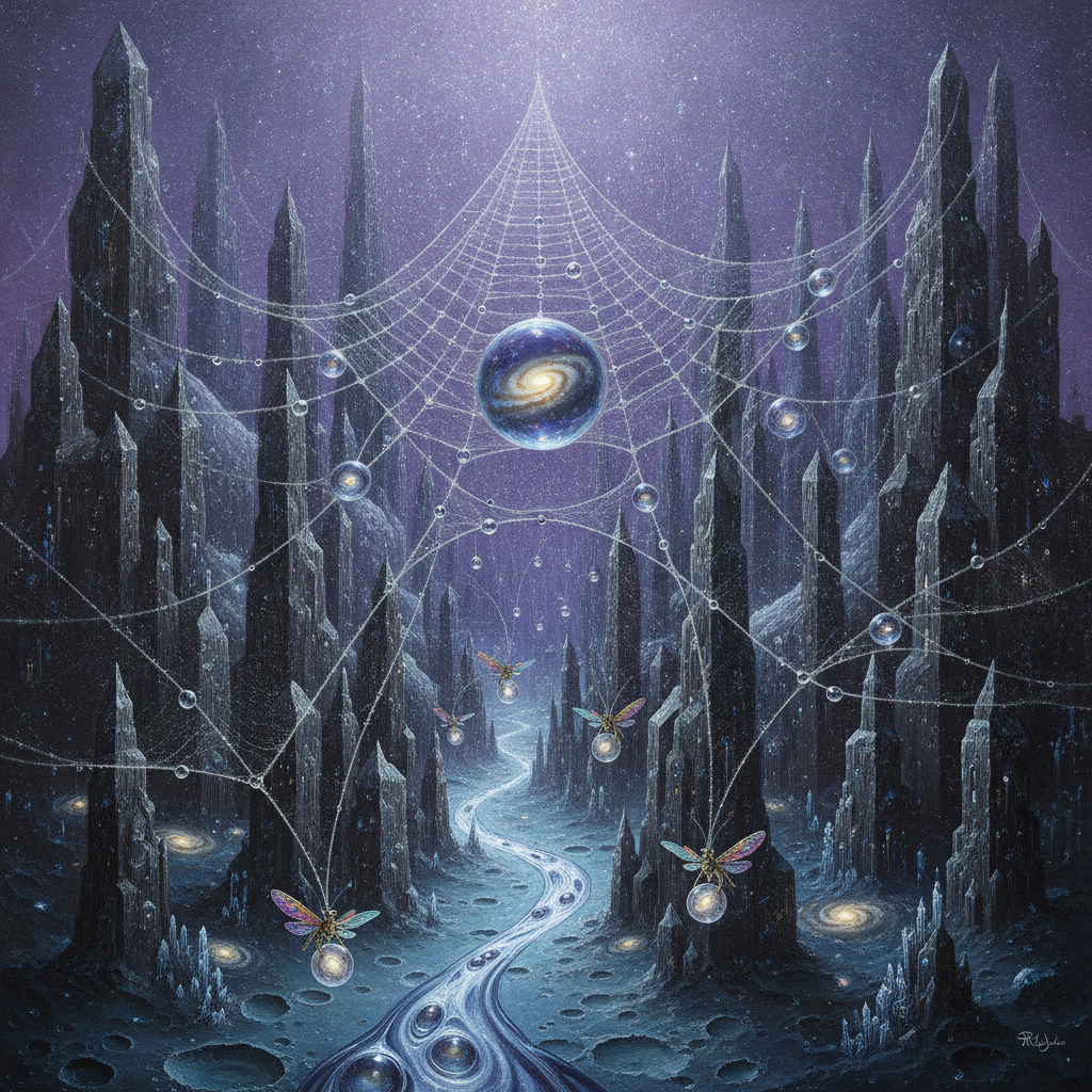 A surreal synthesis of a humming digital metropolis and a delicate spider’s web of fiber-optic silk, where iridescent data-entities harvest starlight from cosmic dewdrops to plant vibrant, liquid rainbows amidst the charcoal grey of a sentient city.