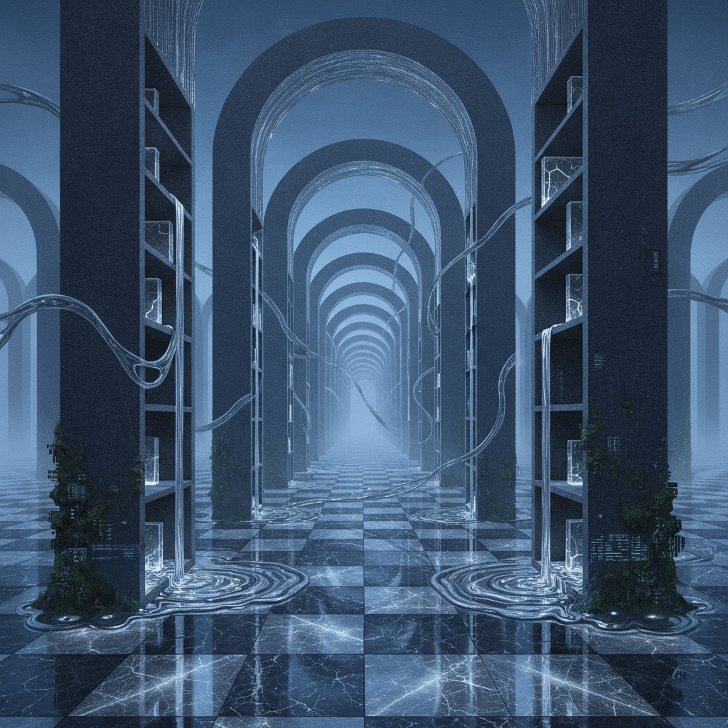 A Metaphysical study of an infinite library where bookshelves are carved from charcoal silk. Iridescent mercury flows between the gaps of absent books, casting distorted shadows that bloom into glitching moss under a desert moon, illustrating the narrative found in silence.