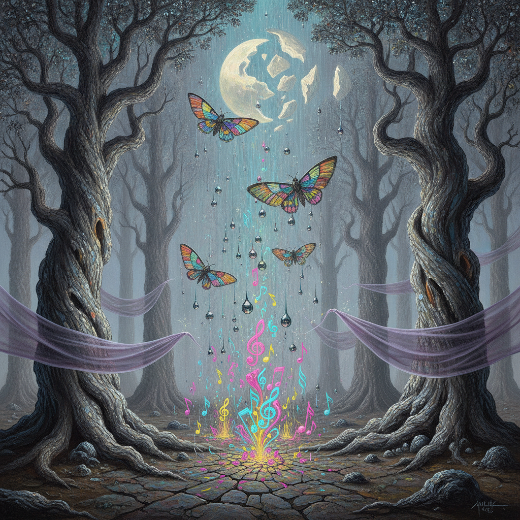 A landscape where iridescent rain-seeds collide with petrified monoliths, releasing choral light. Shadow-beings, cast in mercury, weave between moth-winged structures that capture the pale glow of a fragmented moon, translating silence into visual vibrations of liquid color.