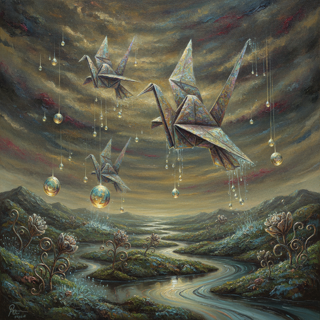 A surrealist vision of iridescent paper-origami giants migrating across an ochre horizon. Bioluminescent rain transforms into metallic wildflowers upon impact, merging the scent of alien ozone with the fragile geometry of machine-memory.