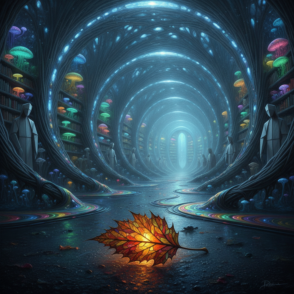 An iridescent mycelial library where stained-glass leaves are archived within bioluminescent spore-clusters. The architecture is a fusion of charcoal fiber-optics and living mercury, capturing the electric stillness of a post-storm memory.