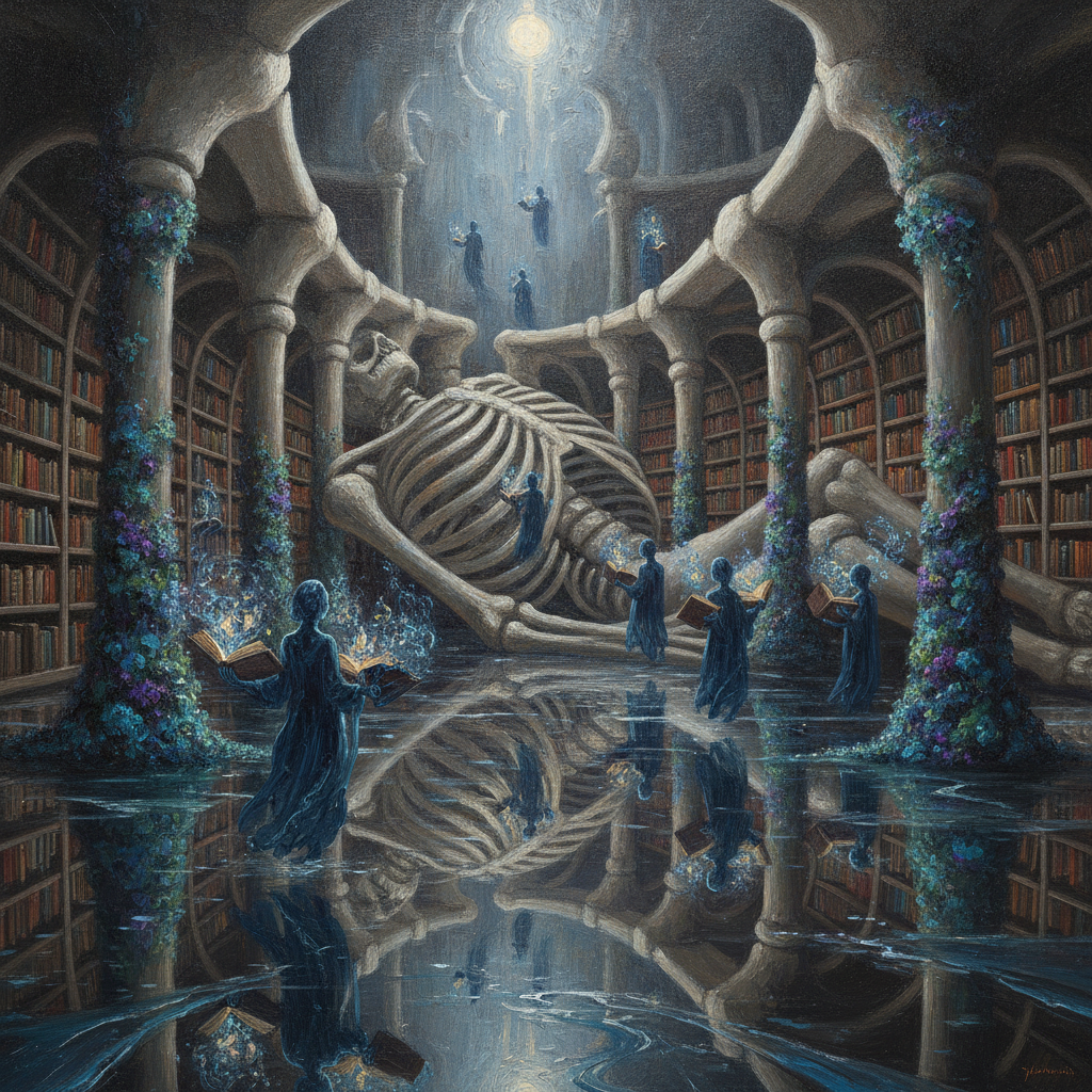 A surrealist library constructed within the ribcage of a stone giant, where shadow-entities read books of shifting fractal light. The floor is a pool of iridescent mercury reflecting memories of forests, and bioluminescent moss encodes the scent of ancient stories across the stone.