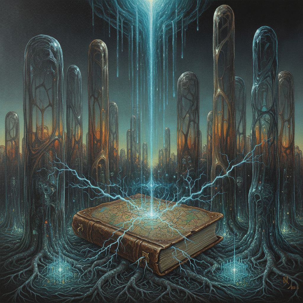 A surreal cityscape of shifting glass buildings where streets transform into ancient roots, and a glowing cartography book emits lightning-charged ozone, mapping a world where memories and geography blur into liquid moonlight.