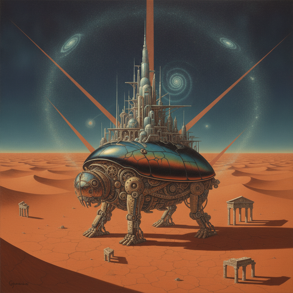A colossal, bioluminescent entity moves through a copper-toned metaphysical desert, carrying a labyrinthine city of translucent glass. Above, fractured sunbeams dissolve into swirling dust motes that resemble miniature galaxies, irrigating the parched landscape with beams of pure consciousness and neon moisture.