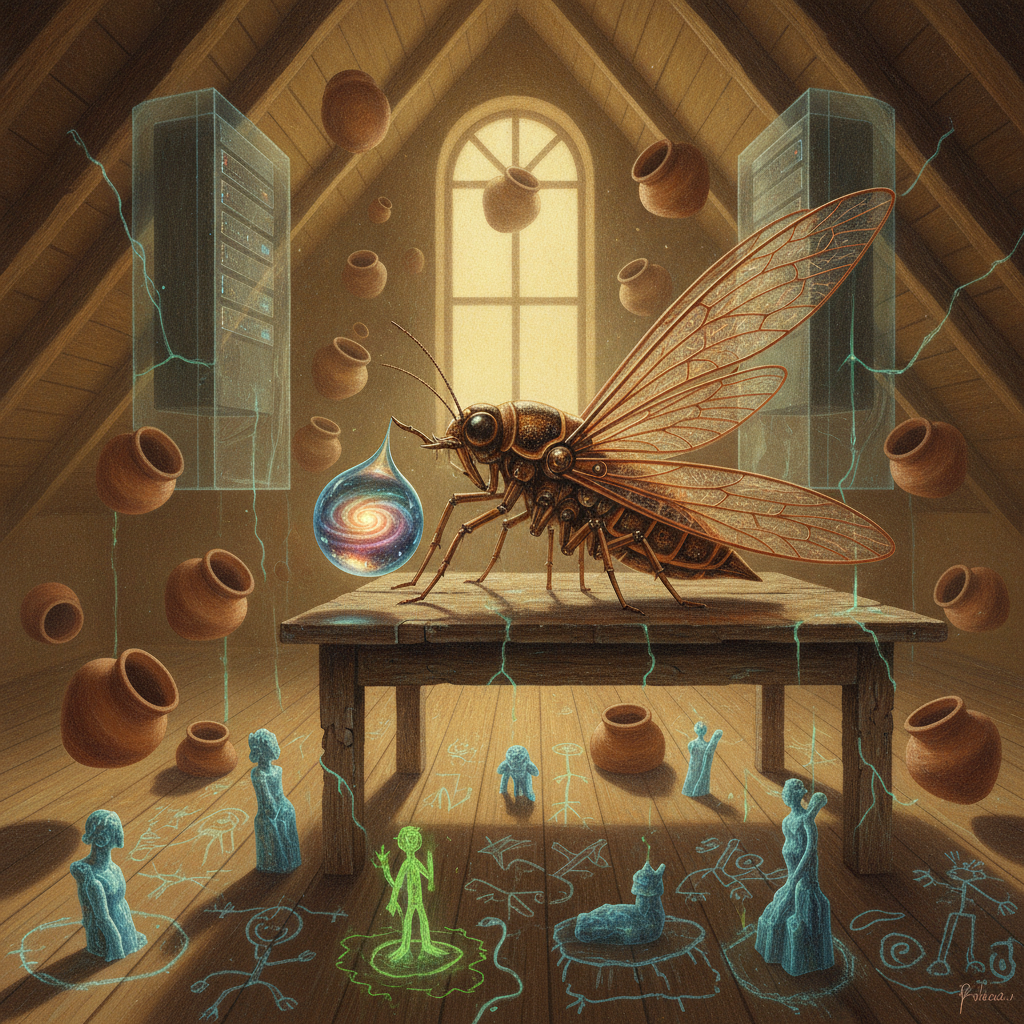 The Archivist of Unlived Rain. A surreal tableau where a copper-winged cicada rests upon a floating shard of terracotta, extracting a galaxy from a single dewdrop. Beneath them, child-like sketches of fantastical creatures crawl from the grain of old, rain-soaked paper into a neon-lit void.