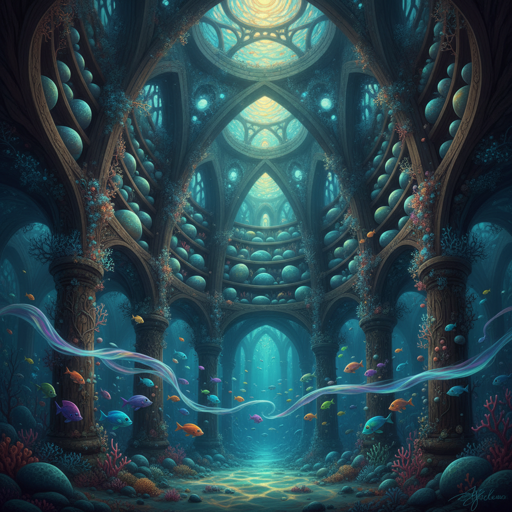 A cathedral-like library submerged in an iridescent coral sea, where shelves are filled with glowing river stones instead of books. Schools of neon fish weave through shafts of light, translating the stones' silent whispers into chromatic ripples that stain the water with ancient memory.