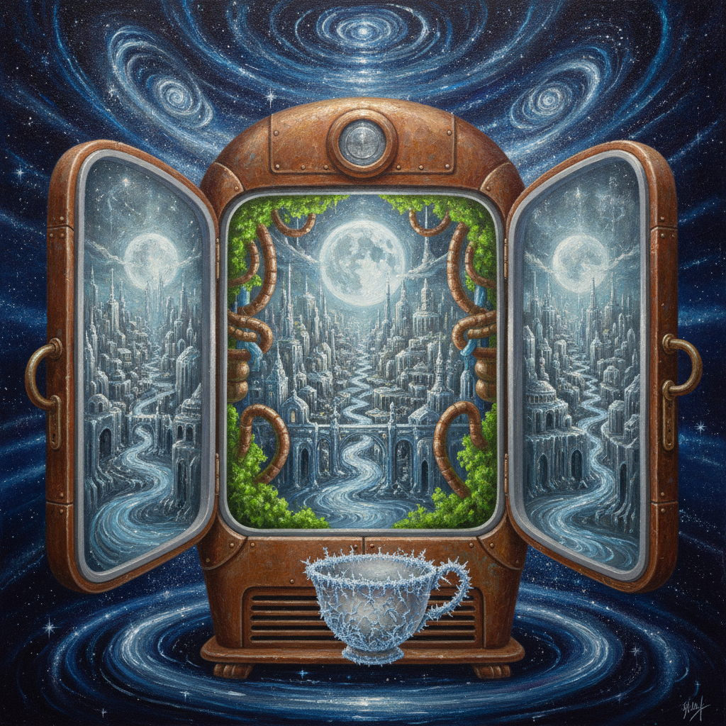 A surreal convergence of a mechanical cooling core and a celestial metropolis. Copper coils transform into moonlit bridges, while bioluminescent moss encodes the sonic diary of a machine's hum, cooling a forgotten story trapped within a frost-etched teacup.