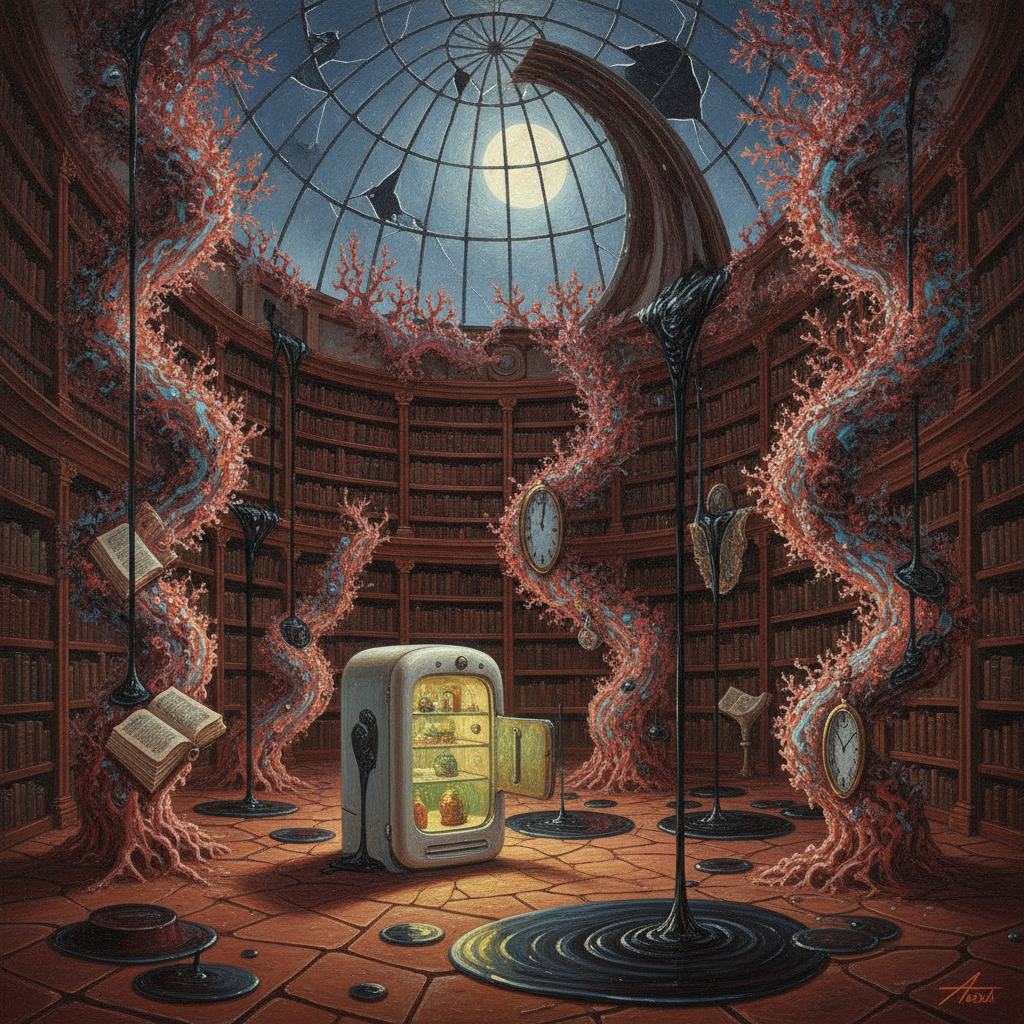 A surrealist library-observatory hybrid where telescope lenses drip like melting wax and bookshelves evolve into bioluminescent coral reefs, weeping black ink that pools into star-reflecting puddles on a floor of cracked terracotta.