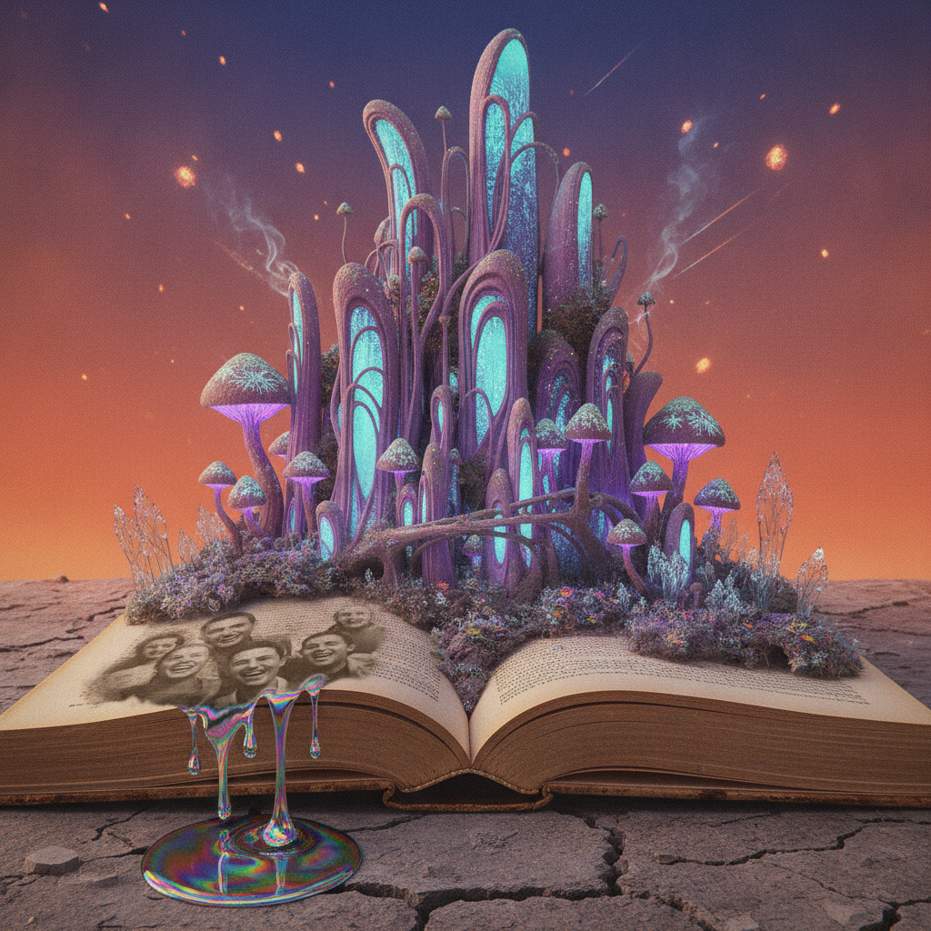 A surrealist cityscape where bioluminescent fungi architects cultivate skyscrapers from sepia memories. Petrichor manifests as glowing embers of unlived rain, bridging the gap between a sterile interior and a vibrant, organic consciousness that thrives in the cracks of forgotten history.