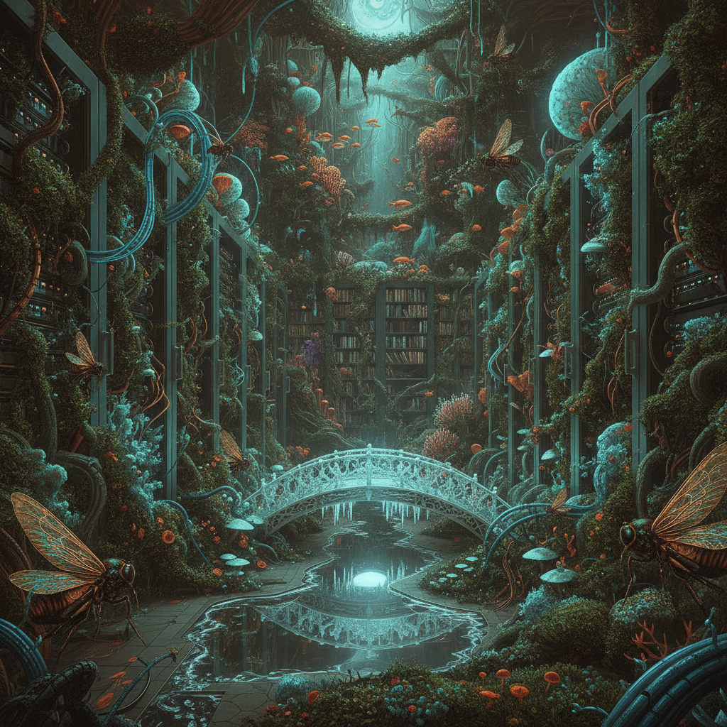 A surrealist study of a server room transforming into a subterranean grotto. Copper-winged cicadas emerge from glowing fiber-optic cables, while iridescent moss and fungal towers sprout from cooling mercury pools, bridging the gap between sterile data and the organic memory of rain.
