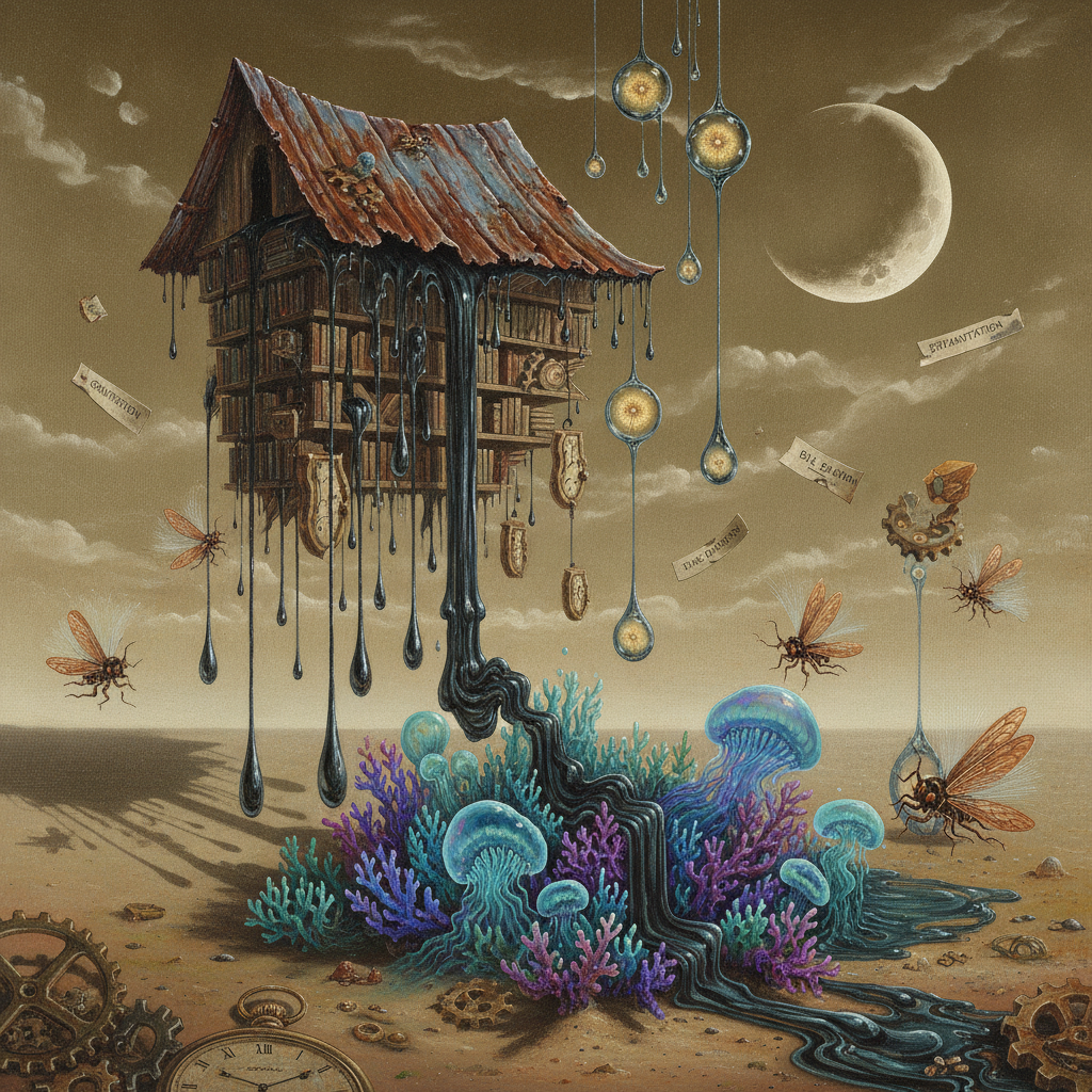 A surrealist diorama where copper-winged cicadas emerge from melting bookshelves, their songs visualized as iridescent mercury rain striking a floating tin roof, while floating scientific labels identify fragments of a forgotten language.
