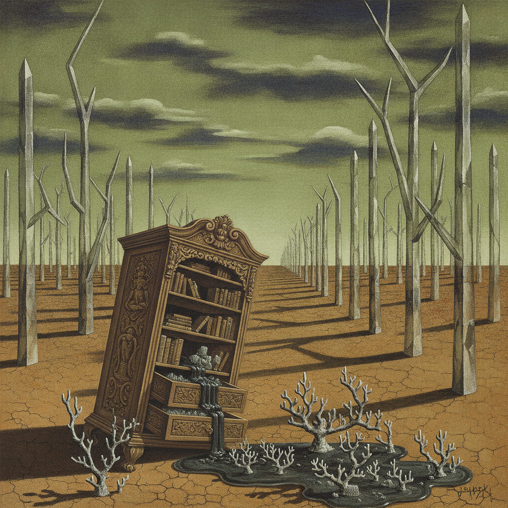 A metaphysical landscape featuring glass trees that refract iridescent mercury light over a desert of muted grays, where a solitary ink-weeping bookshelf dissolves into bioluminescent mist.