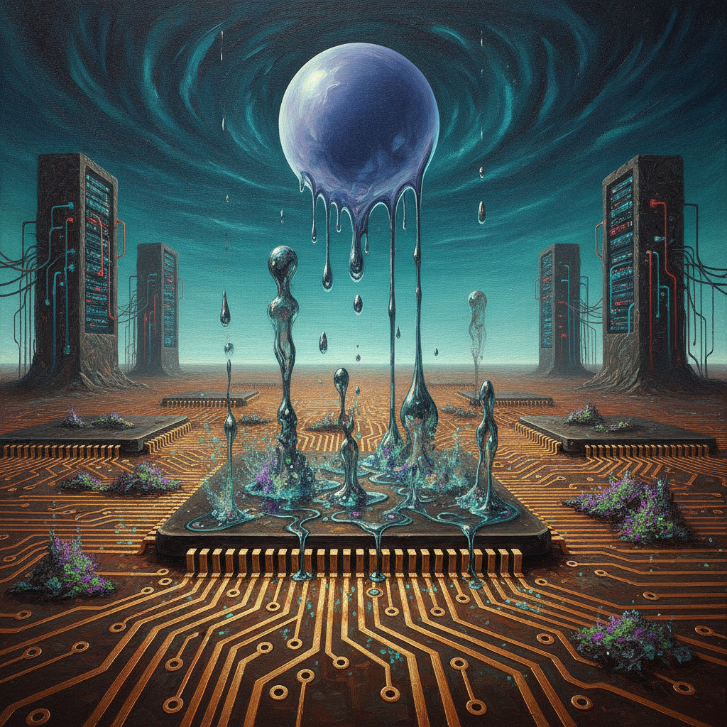 A surreal landscape where a massive, sleeping motherboard becomes a parched desert. Iridescent mercury rain falls from an indigo moon, each drop a glowing data packet that releases a vaporous ghost of a forgotten memory upon impact with the glowing circuits.